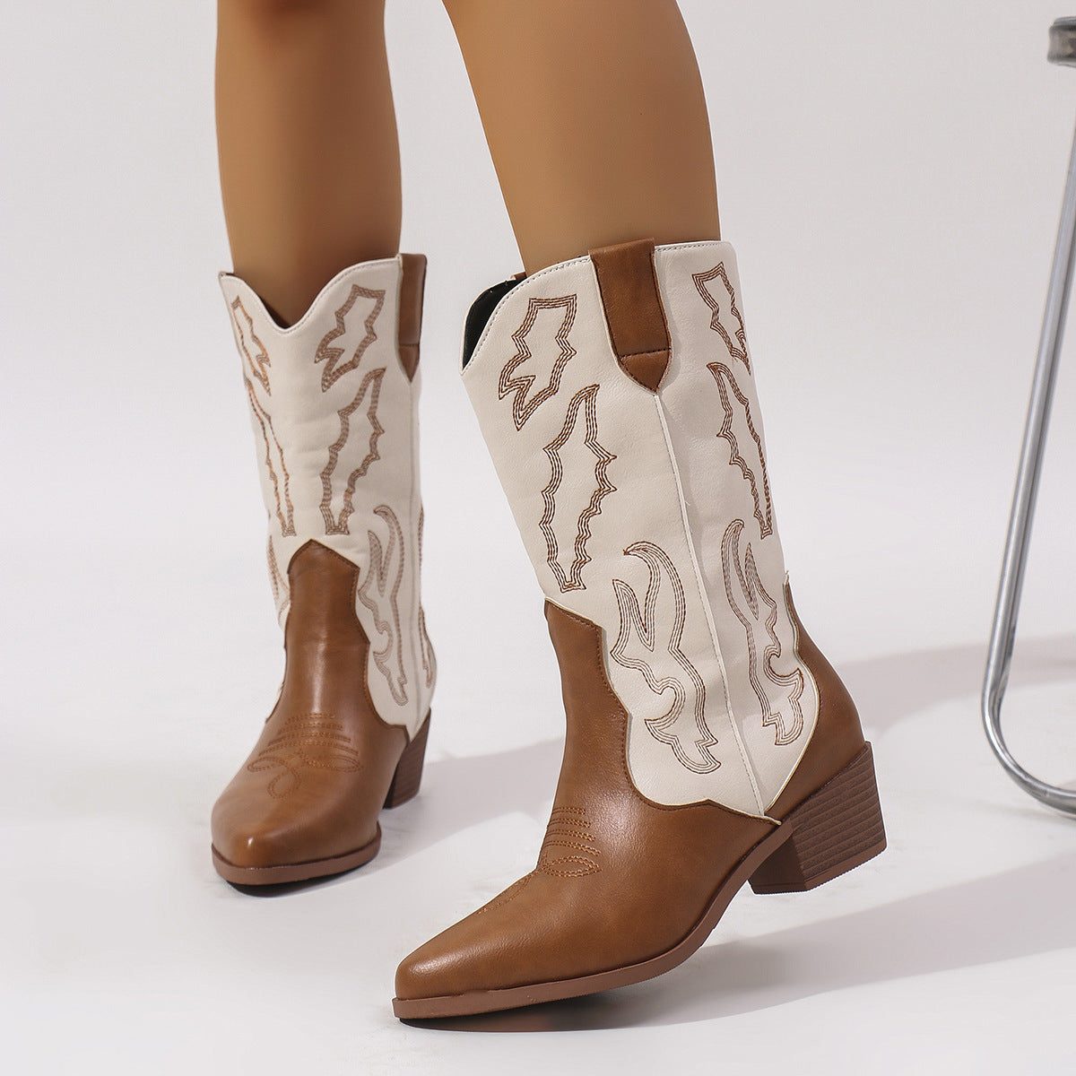 Embroidered Western Boots for Women - Light Brown