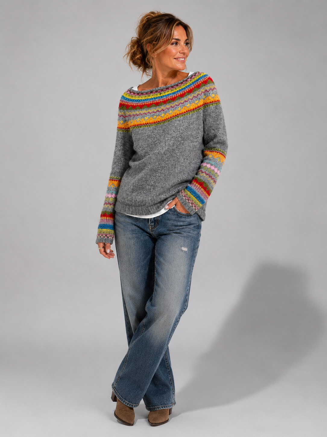 Fair Isle Stripes Sweater with Crew Neck for Women