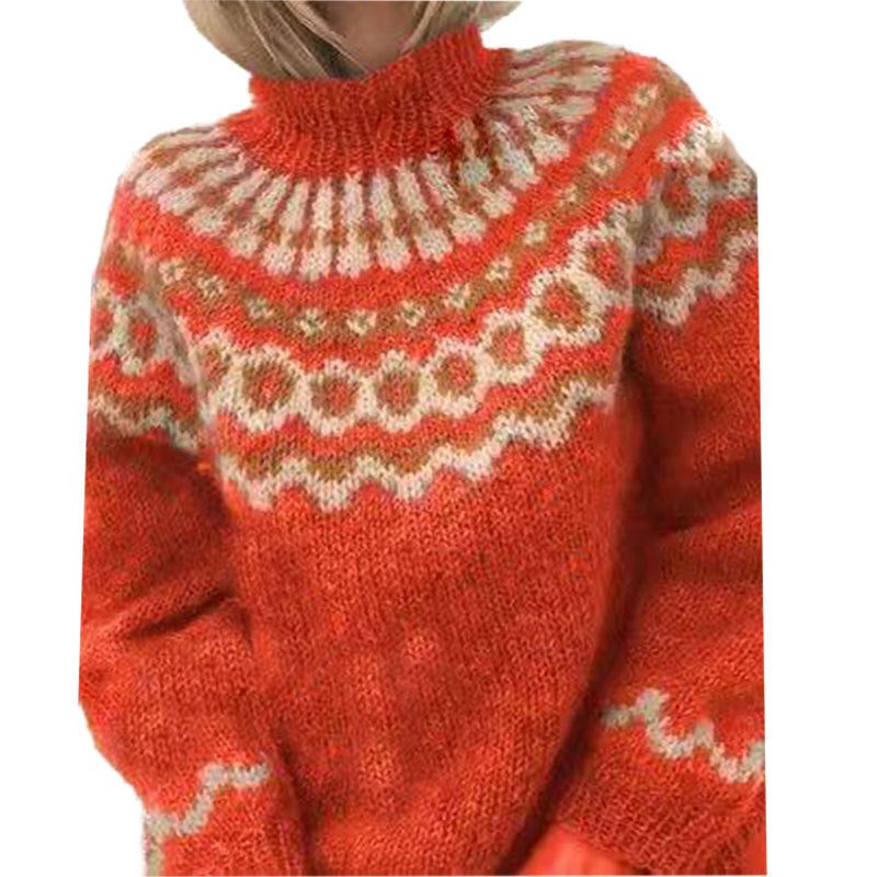 Fair Isle Wool Cashmere Turtleneck Sweater for Women - Red