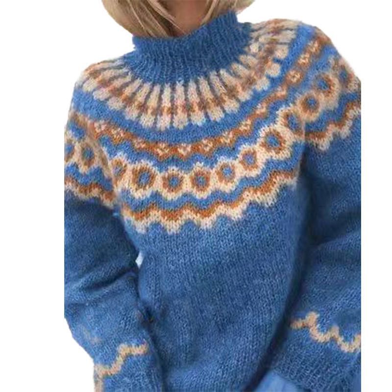 Fair Isle Wool Cashmere Turtleneck Sweater for Women - Blue
