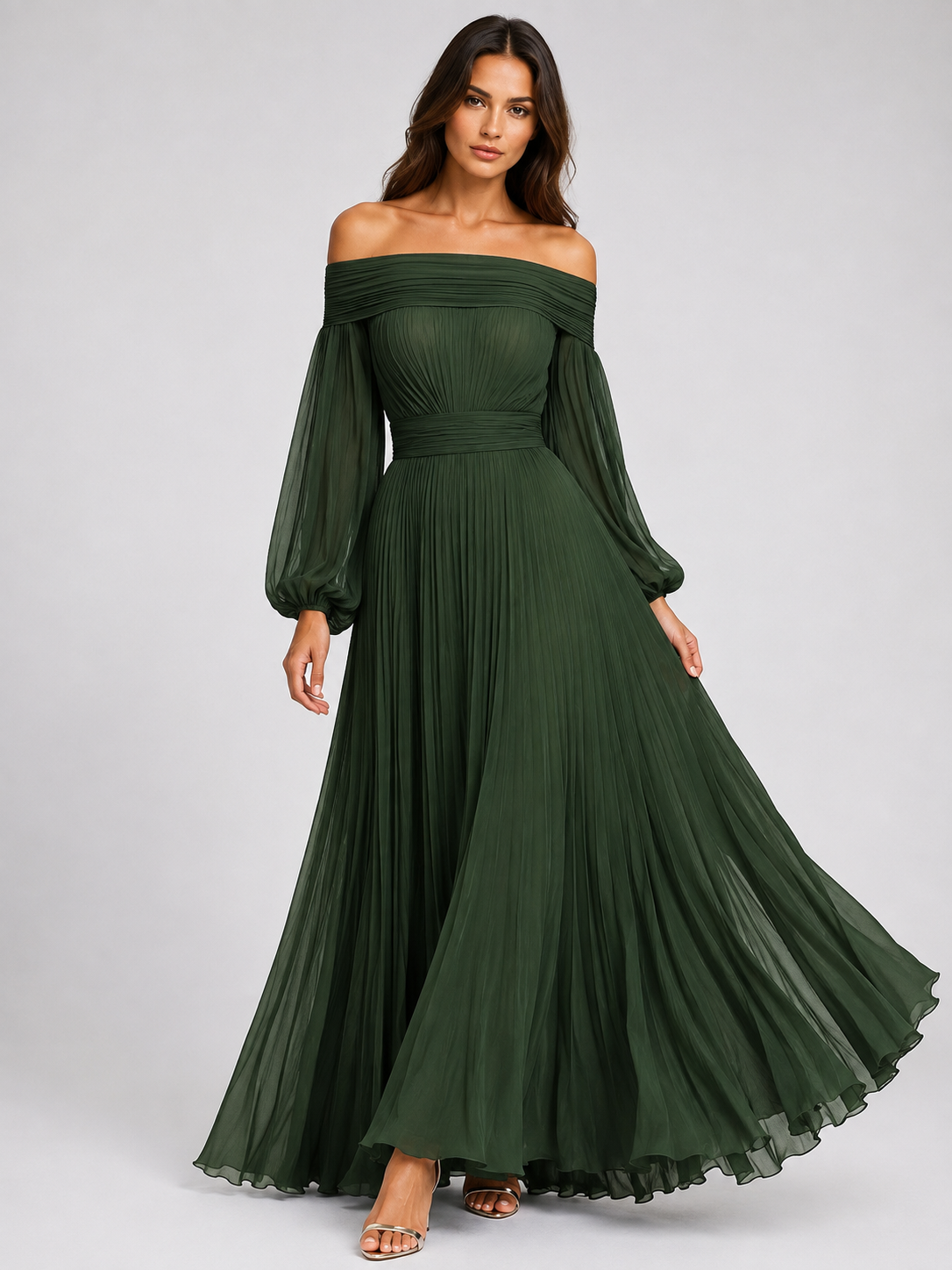 Fall Wedding Guest Off-Shoulder Maxi Dress with Puff Sleeves for Women