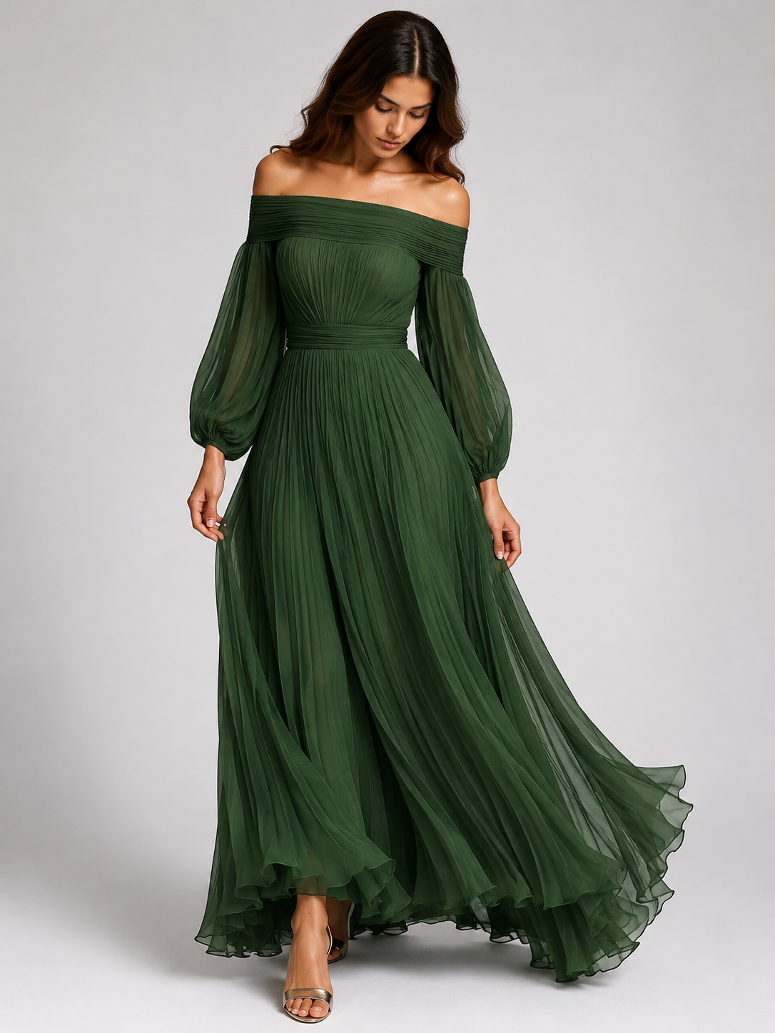 Fall Wedding Guest Off-Shoulder Maxi Dress with Puff Sleeves for Women