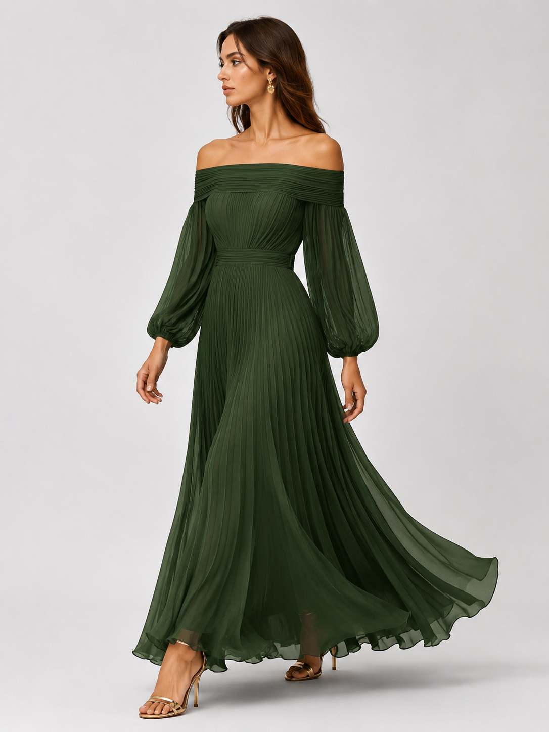 Fall Wedding Guest Off-Shoulder Maxi Dress with Puff Sleeves for Women