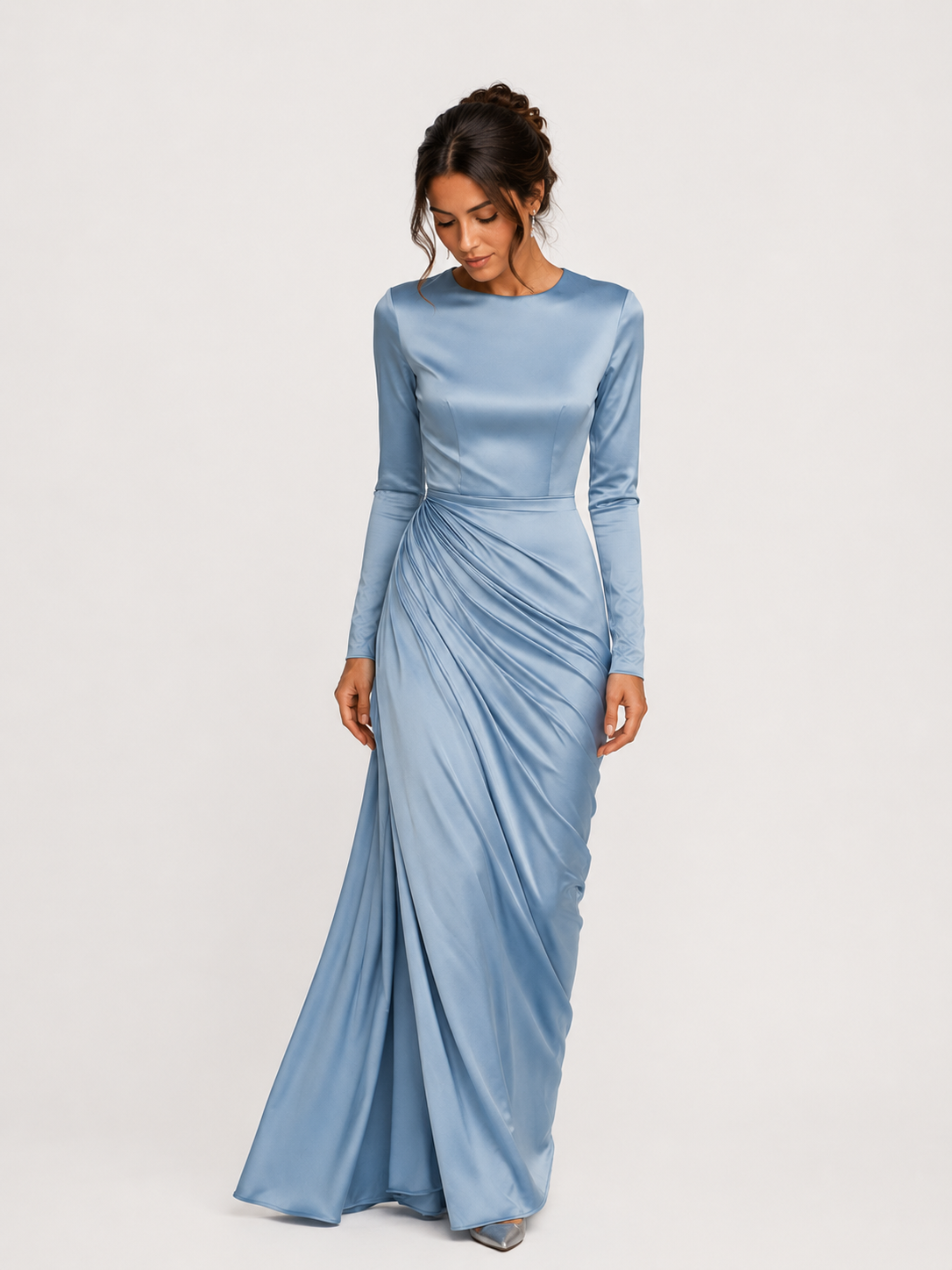 Fall Wedding Guest Ruched Maxi Dress with Long Sleeves for Women