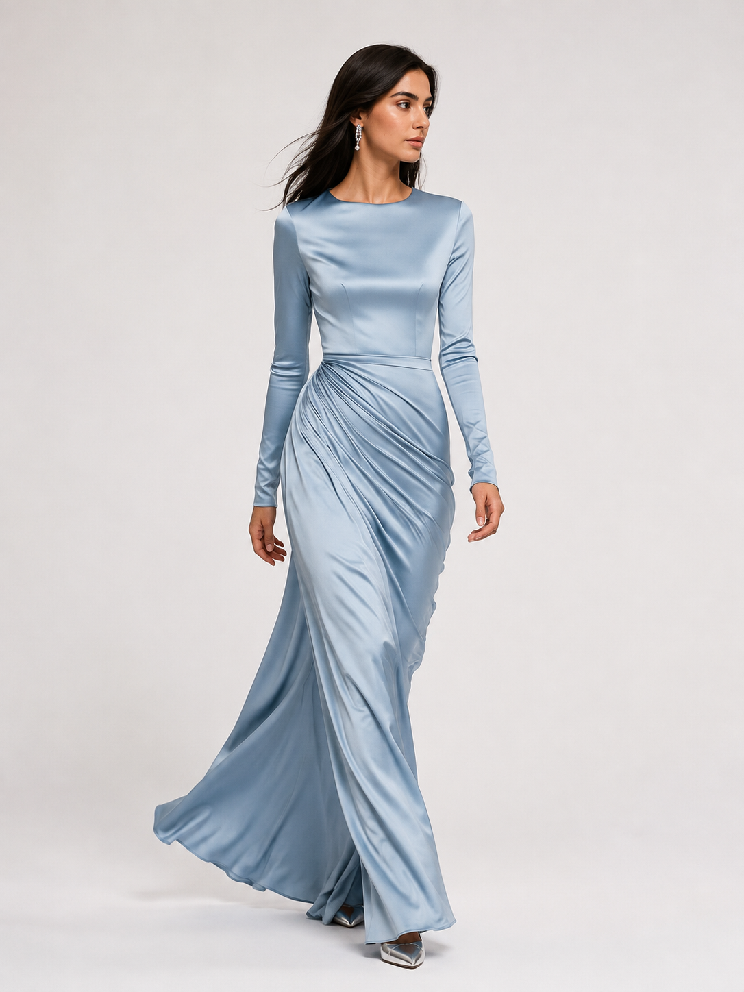 Fall Wedding Guest Ruched Maxi Dress with Long Sleeves for Women
