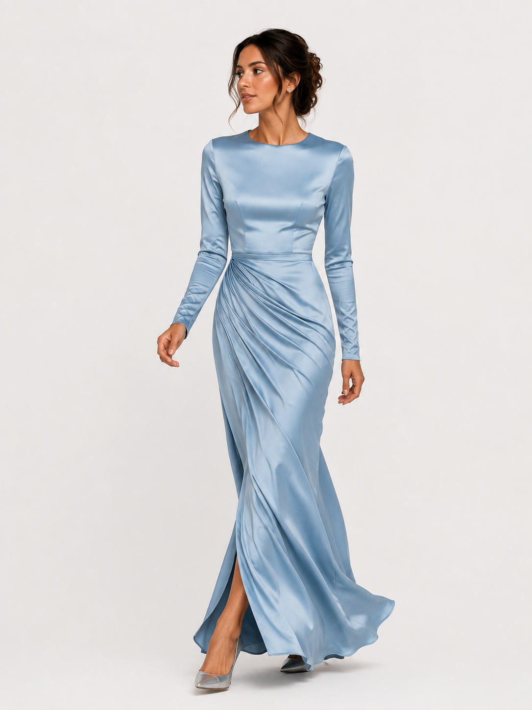 Fall Wedding Guest Ruched Maxi Dress with Long Sleeves for Women