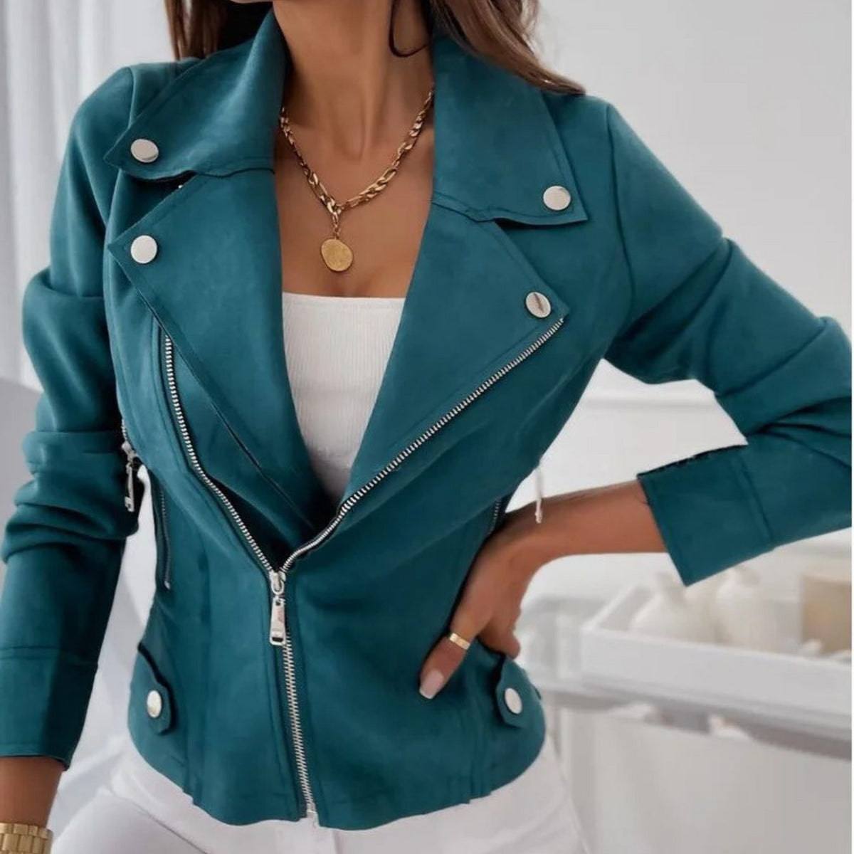 Faux Suede Asymmetrical Zip Biker Jacket for Women - Teal