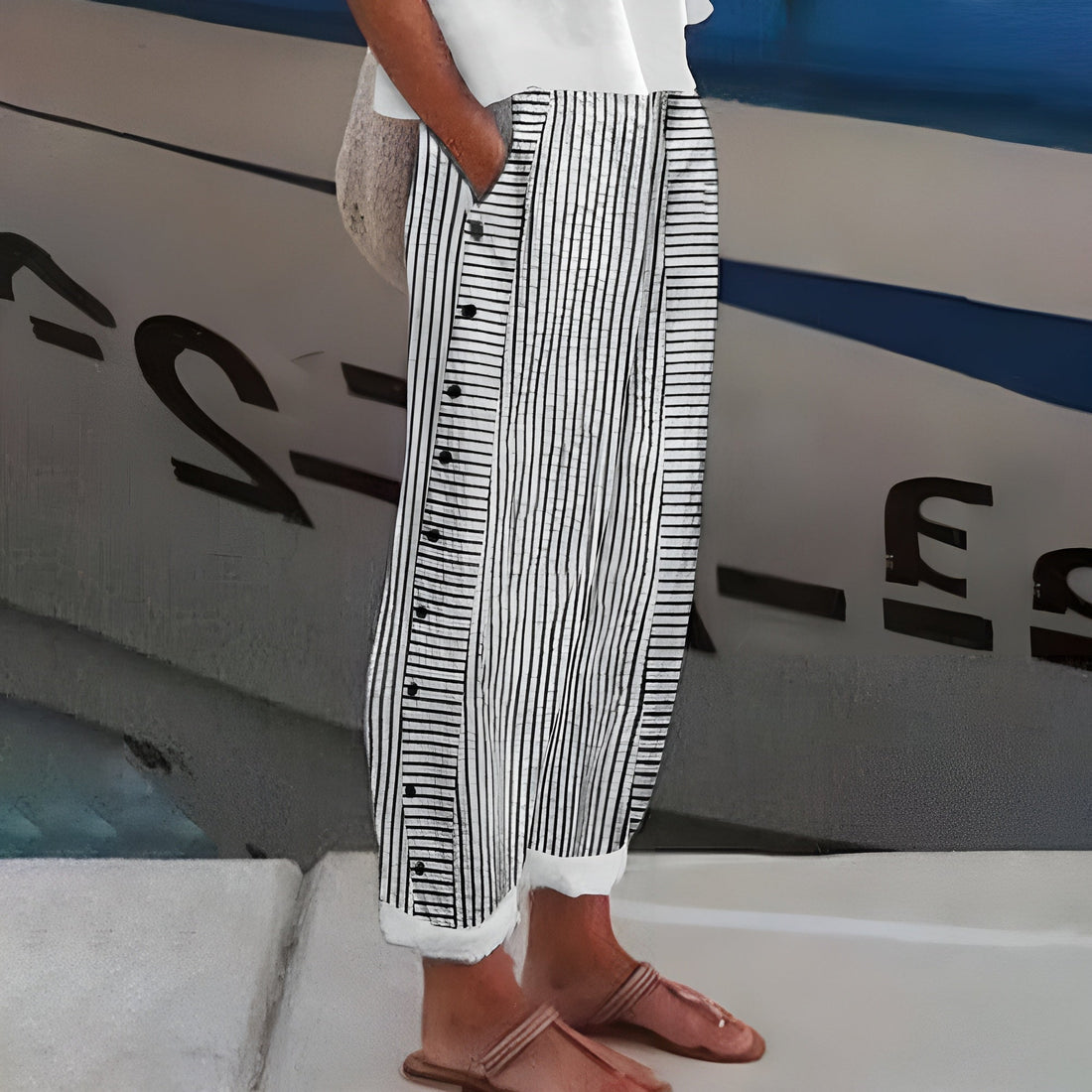 Striped Button Detail Straight Leg Trousers for Women