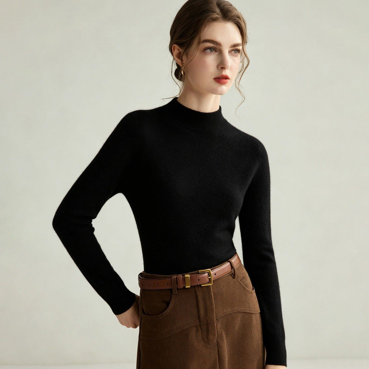 Fine Knit Cashmere Sweater with Mock Neck for Women - Black