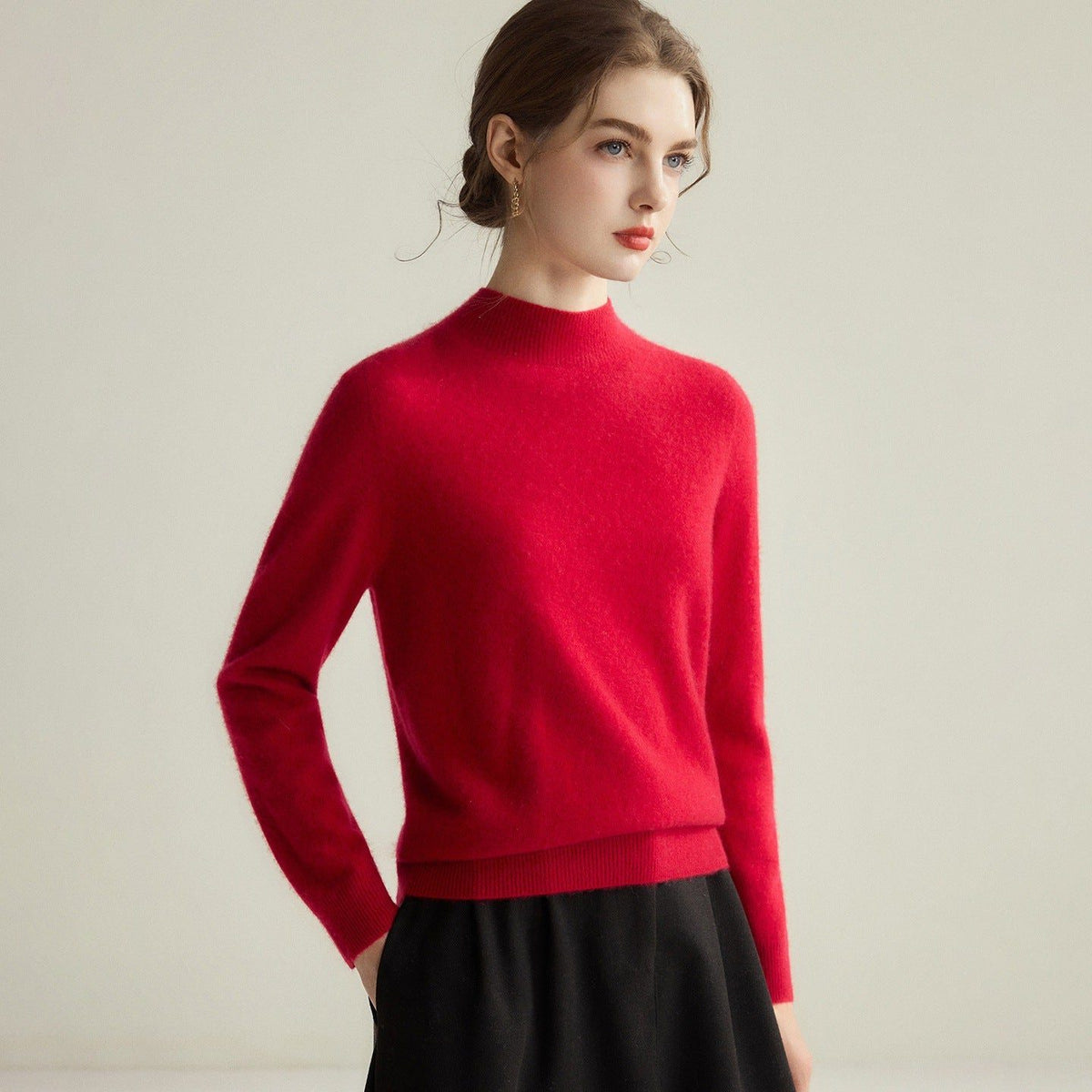 Fine Knit Cashmere Sweater with Mock Neck for Women - Rose Red