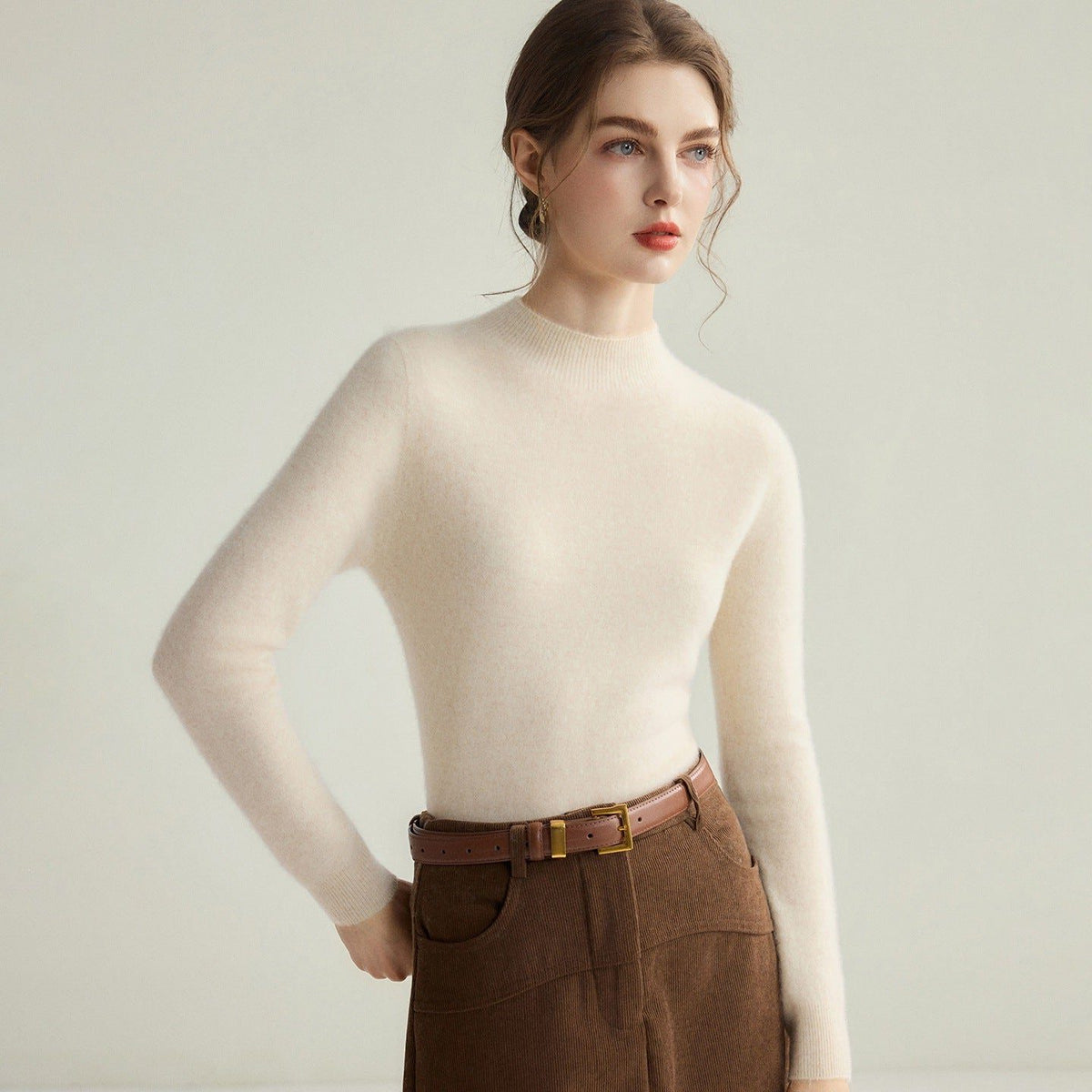 Fine Knit Cashmere Sweater with Mock Neck for Women - Vanilla Beige