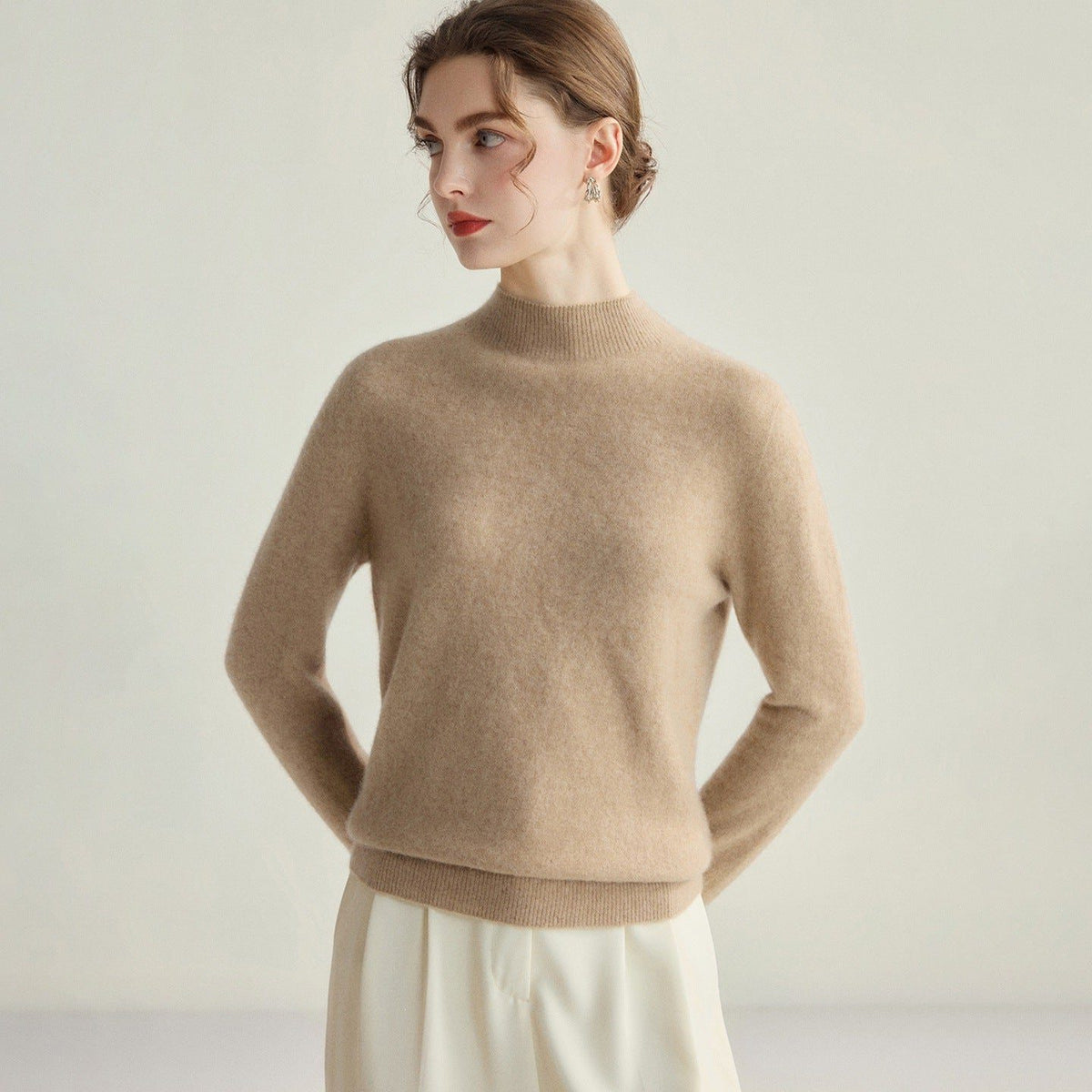 Fine Knit Cashmere Sweater with Mock Neck for Women - Velour Camel