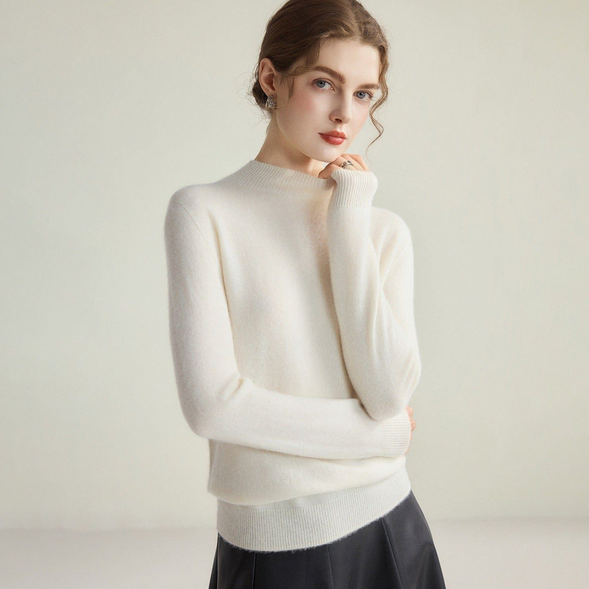 Fine Knit Cashmere Sweater with Mock Neck for Women - Cream White