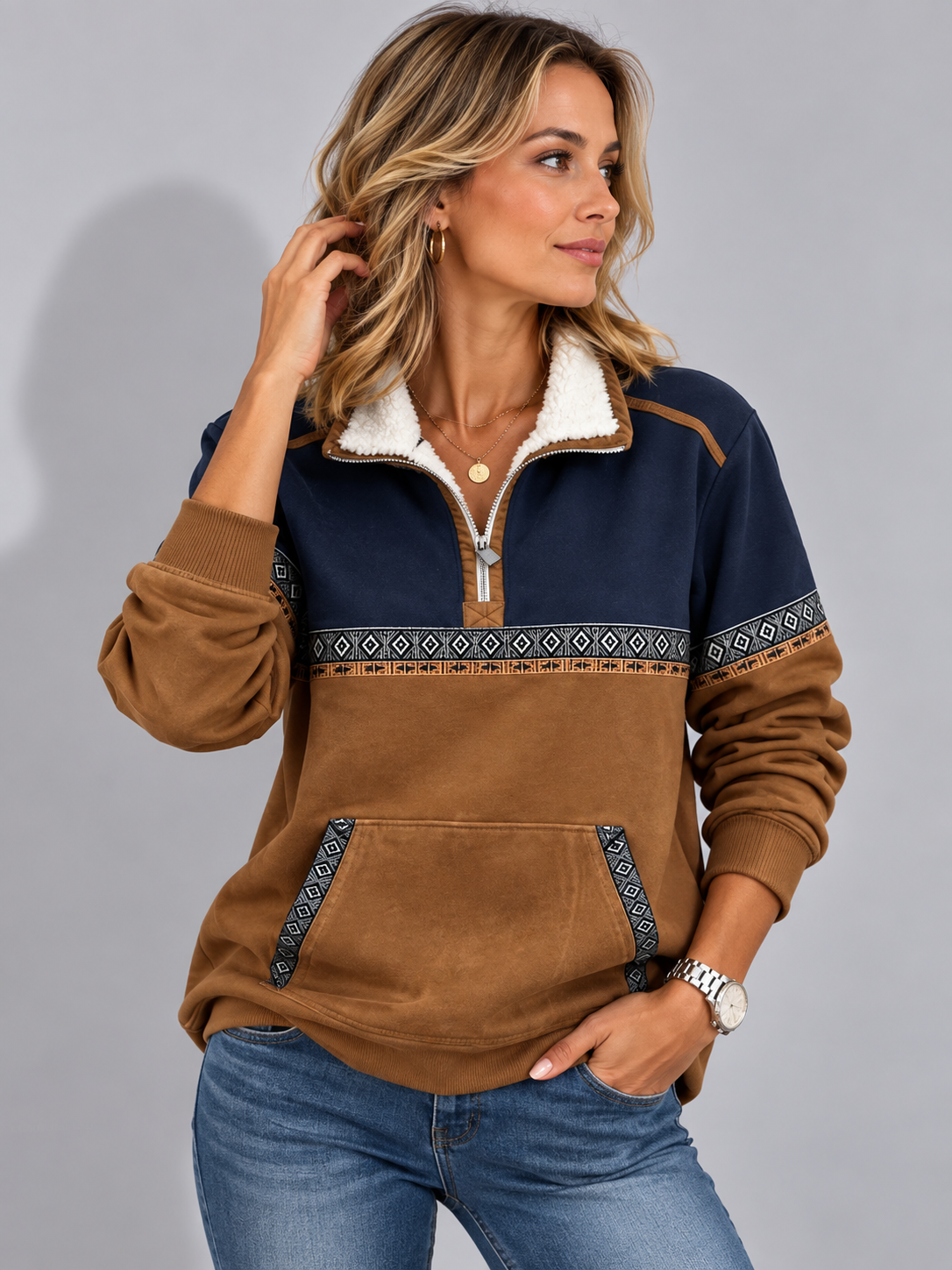 Fleece Half-Zip Pullover with Collar for Women