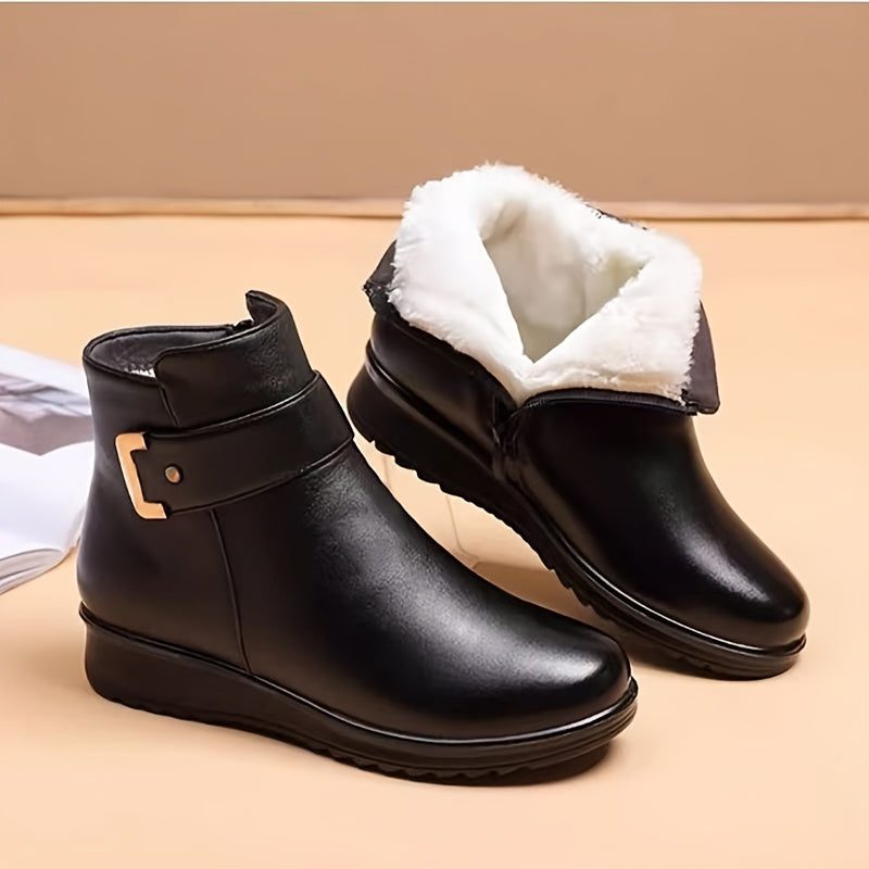 Fleece-Lined Buckle Ankle Boots for Women
