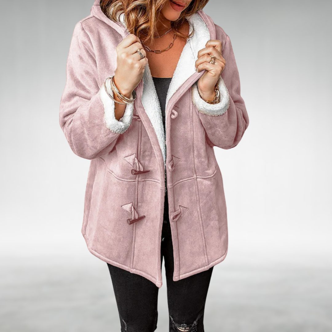 Fleece-Lined Long Winter Coat with Toggle Closure for Women - Pink