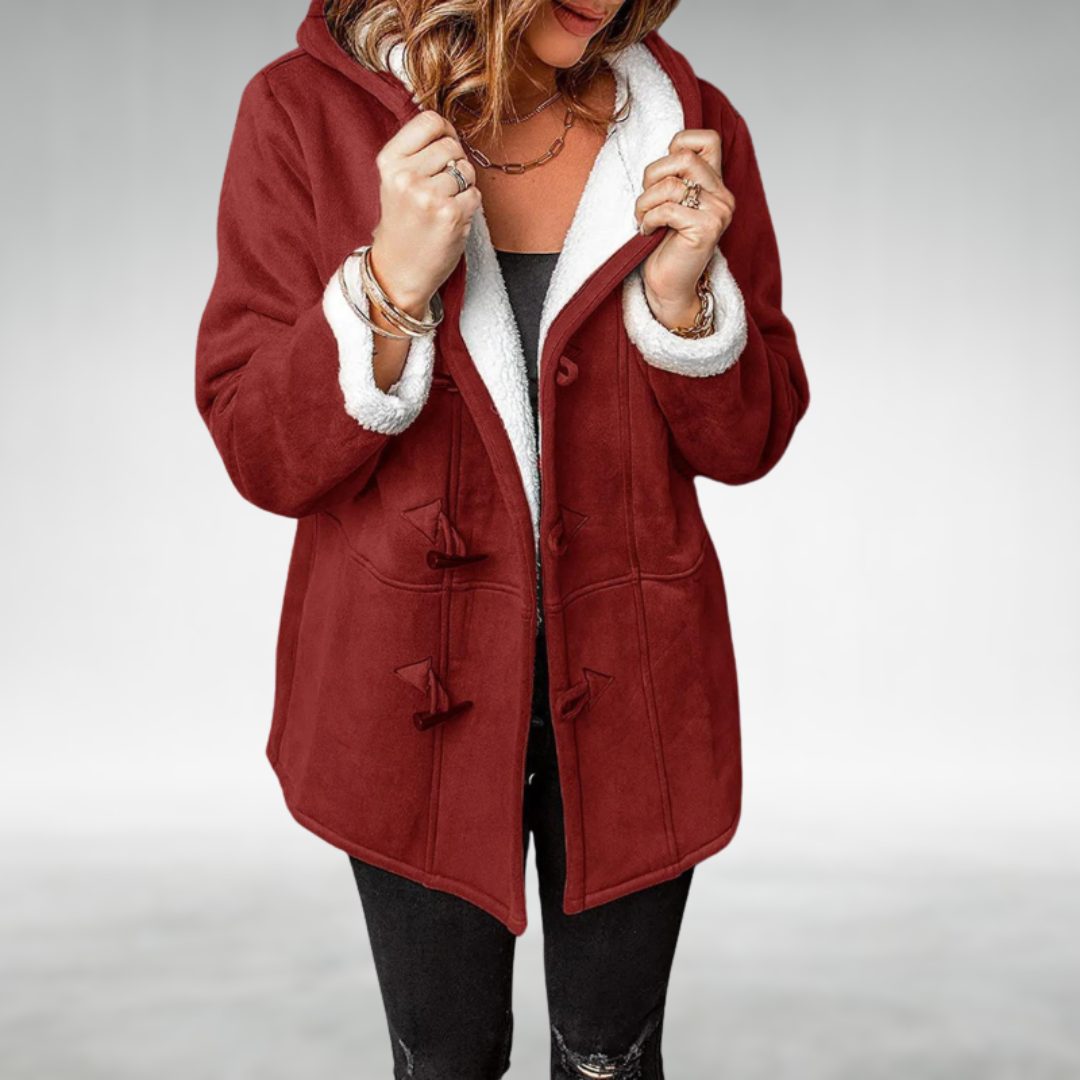 Fleece-Lined Long Winter Coat with Toggle Closure for Women - Burgundy