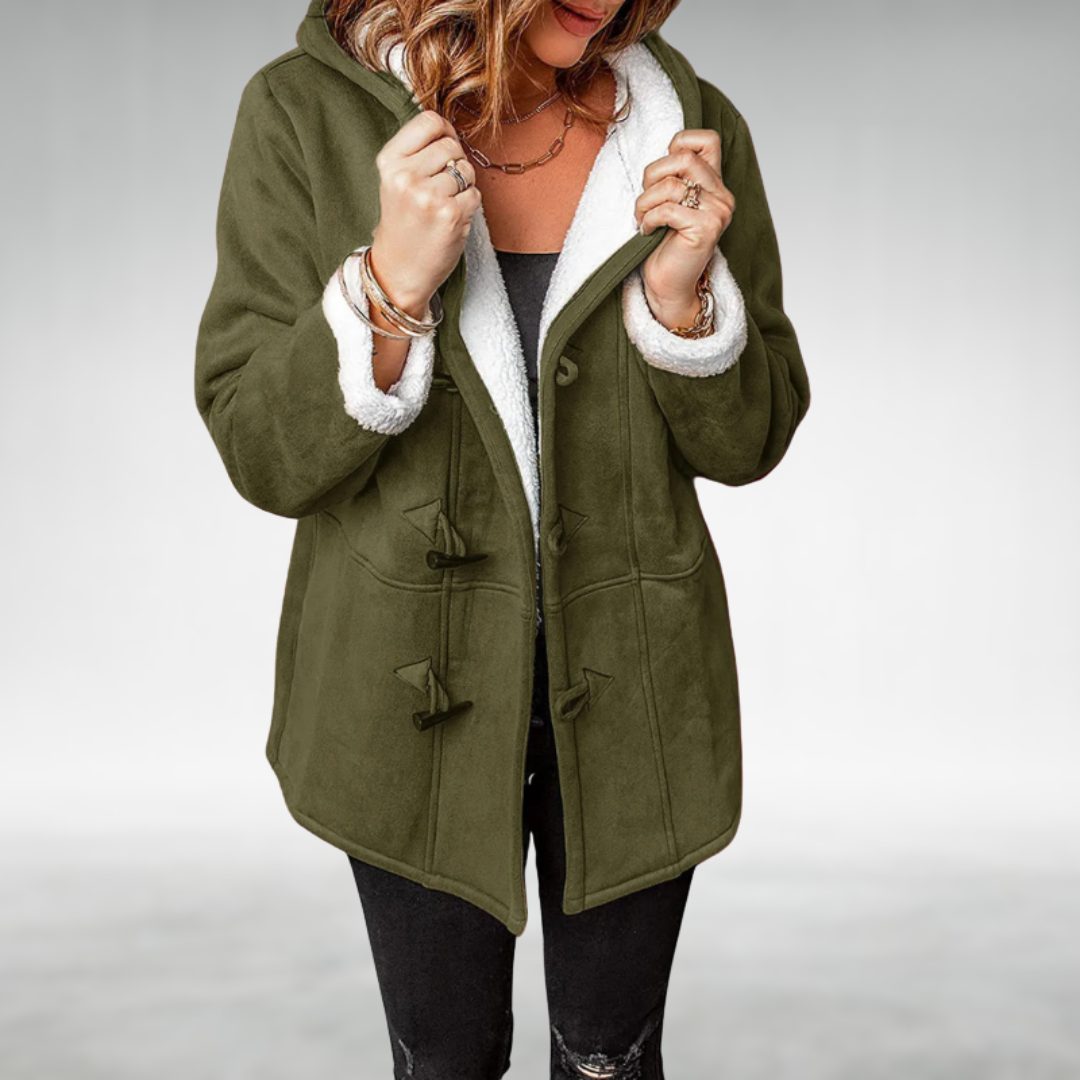 Fleece-Lined Long Winter Coat with Toggle Closure for Women - Green
