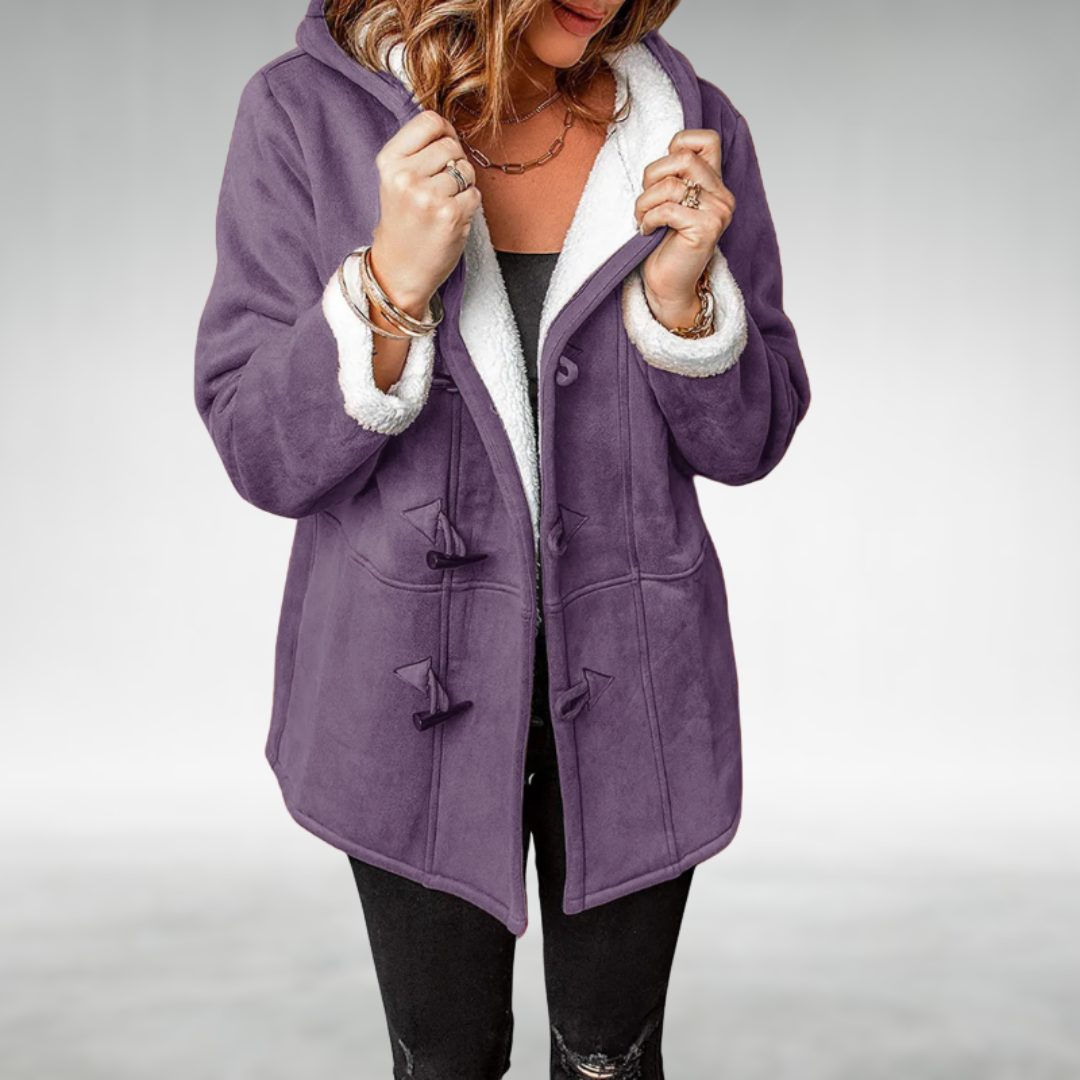 Fleece-Lined Long Winter Coat with Toggle Closure for Women - Purple