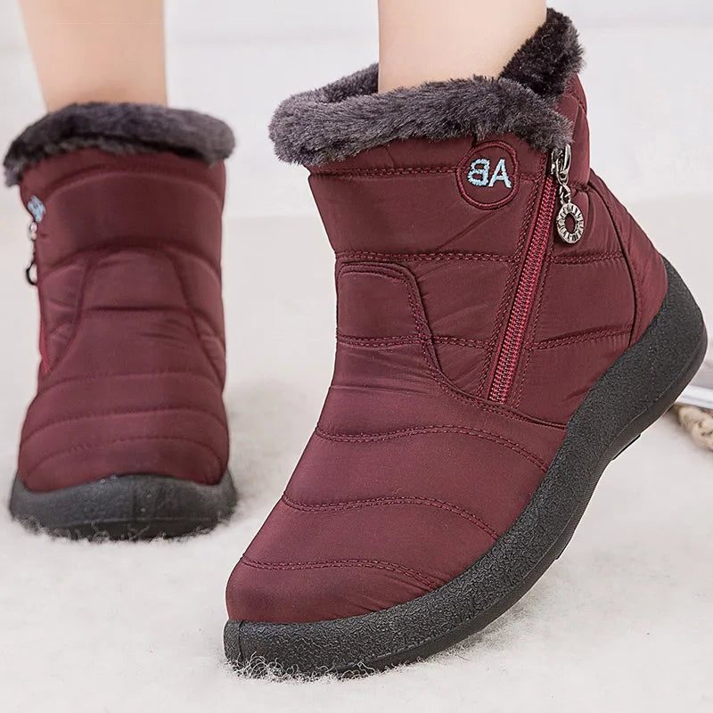 Fleece-Lined Puffer Ankle Boots for Women - Wine Red