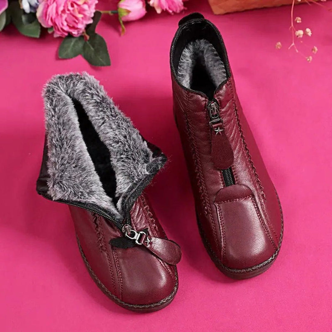 Fleece-Lined Zip-Up Ankle Boots for Women