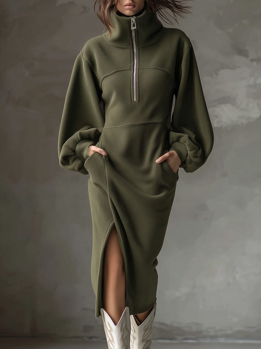 Fleece Midi Dress with Lantern Sleeves and Side Slit for Women