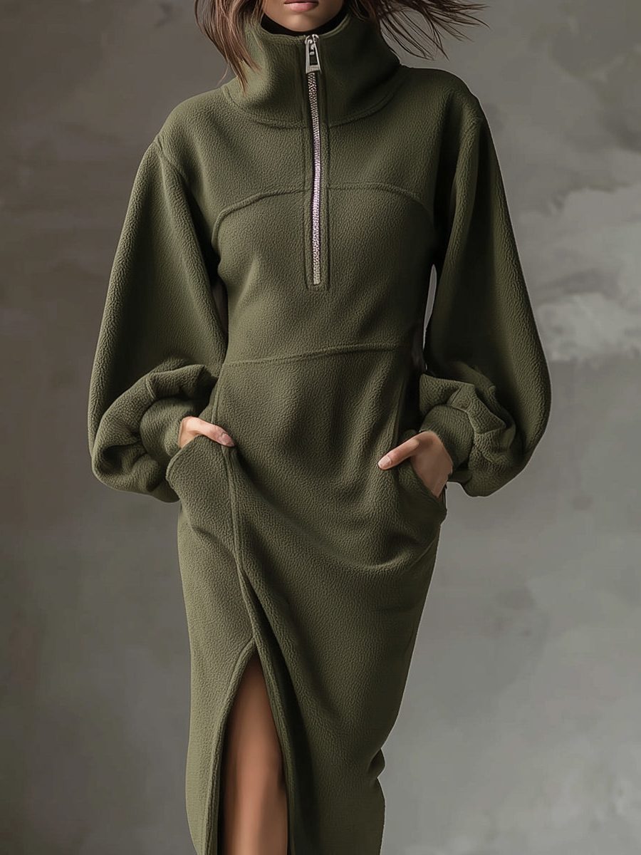 Fleece Midi Dress with Lantern Sleeves and Side Slit for Women