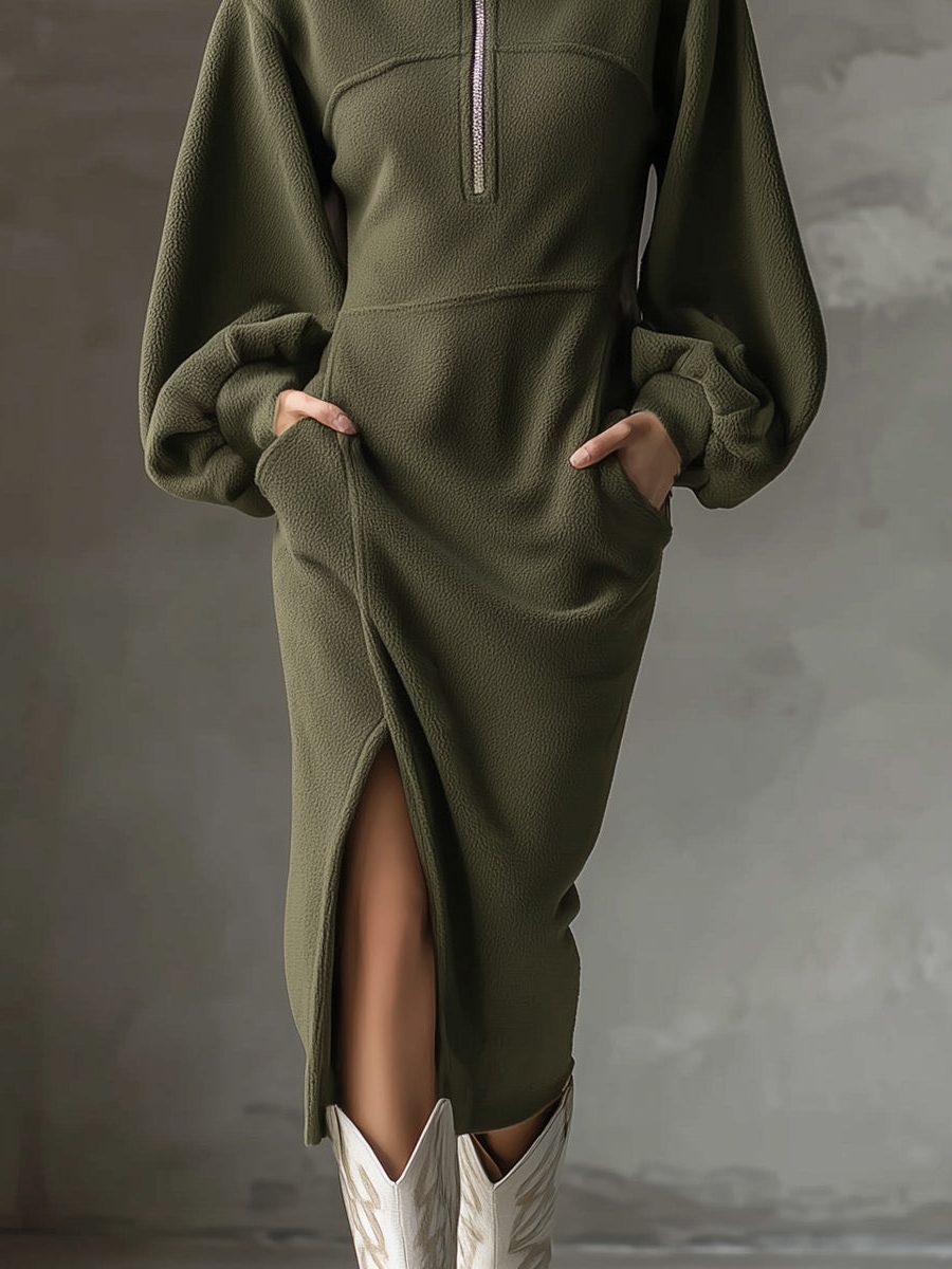 Fleece Midi Dress with Lantern Sleeves and Side Slit for Women - View 3