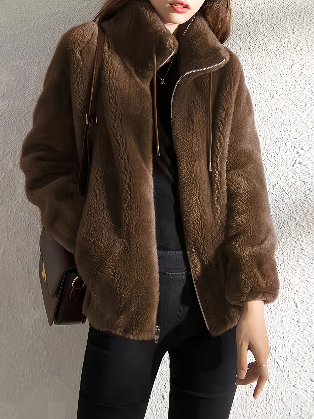 Fleece Zip-Up Jacket for Women - Dark Brown