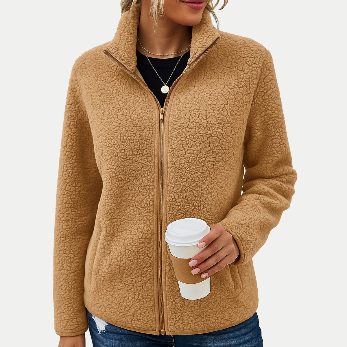 Fleece Zip-Up Jacket for Women - Beige