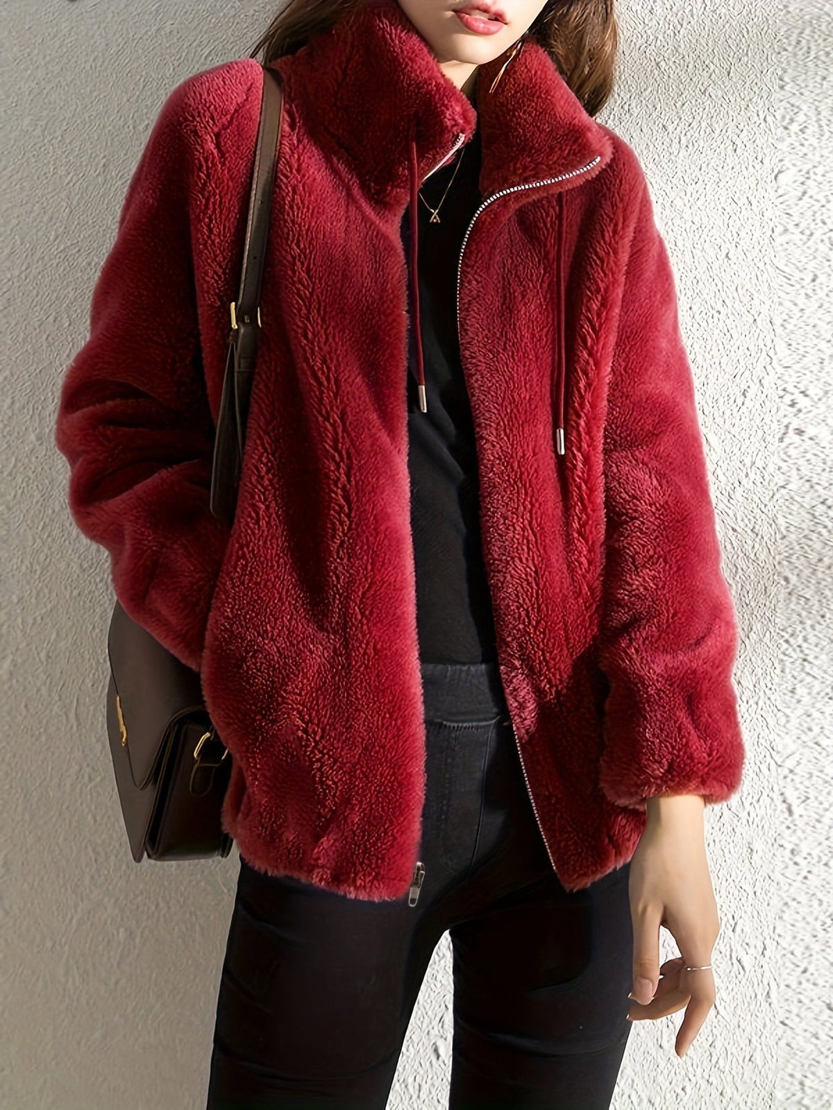 Fleece Zip-Up Jacket for Women - Red