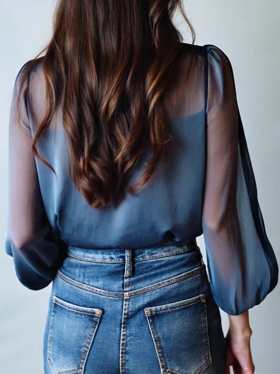 Floral Button-Down Blouse with Puff Sleeves for Women - View 10