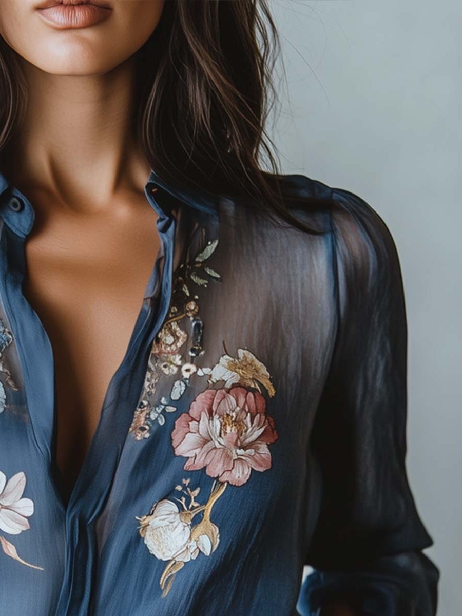 Floral Button-Down Blouse with Puff Sleeves for Women