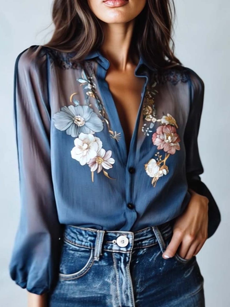Floral Button-Down Blouse with Puff Sleeves for Women - View 8