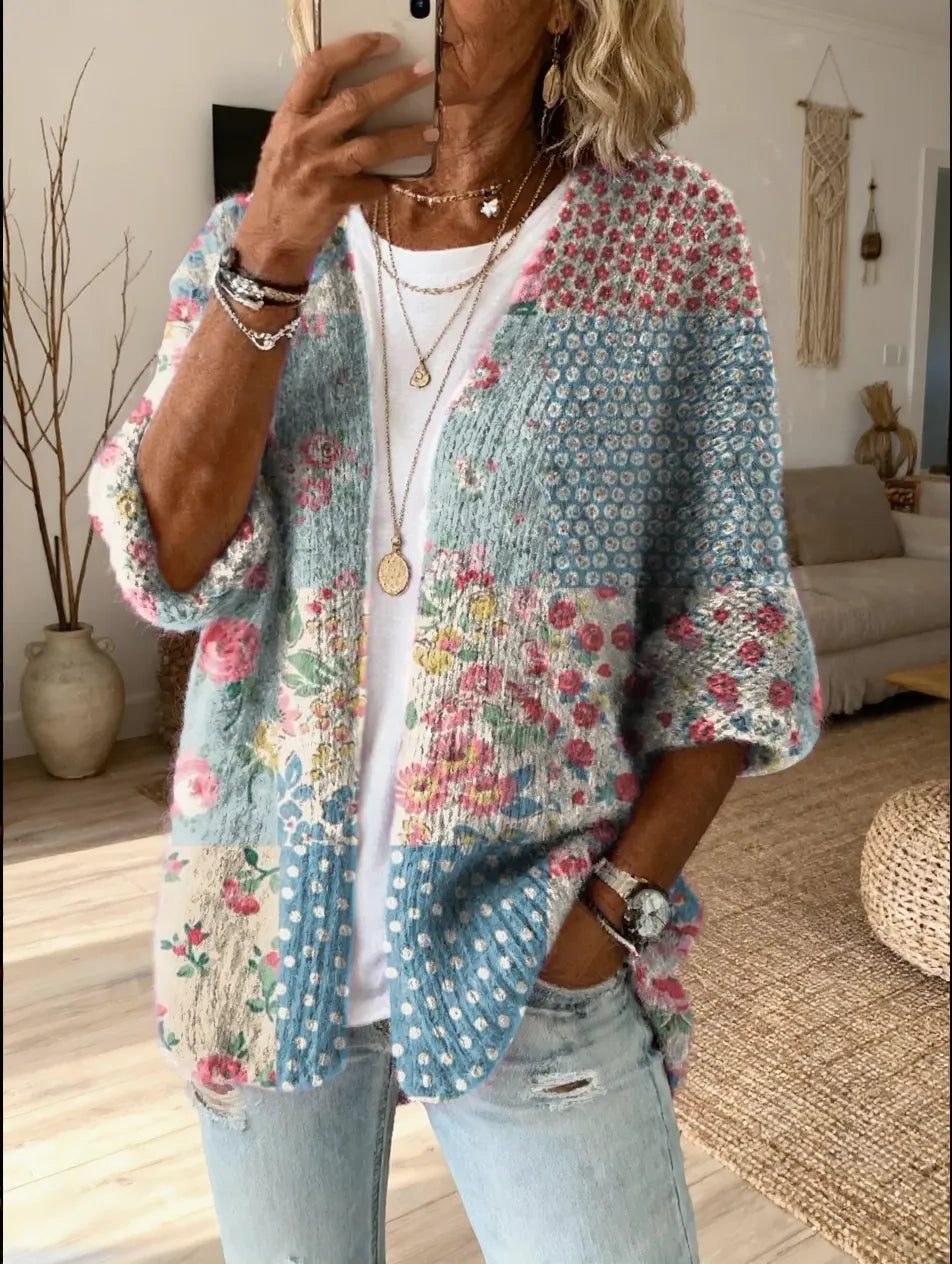 Floral Patchwork Open Front Cardigan for Women
