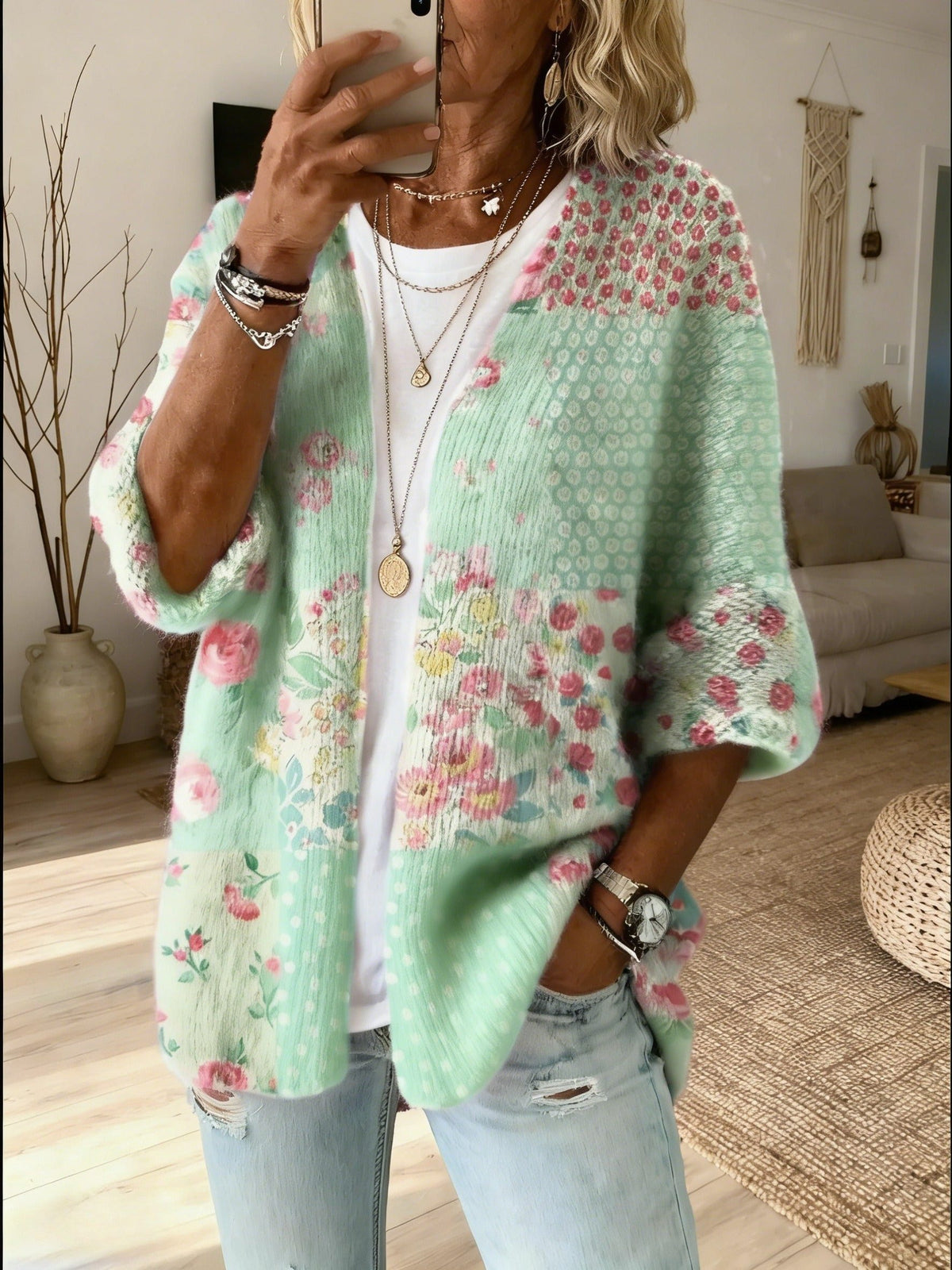Floral Patchwork Open Front Cardigan for Women - Green