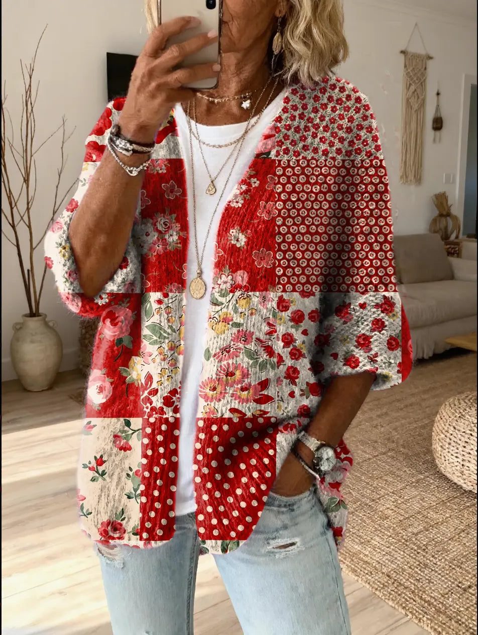 Floral Patchwork Open Front Cardigan for Women - Red