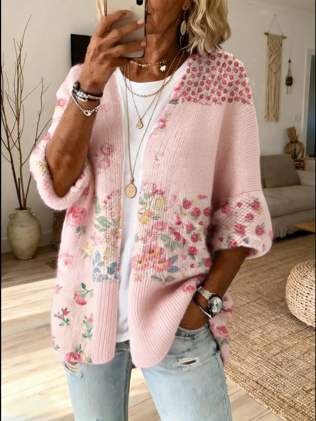 Floral Patchwork Open Front Cardigan for Women