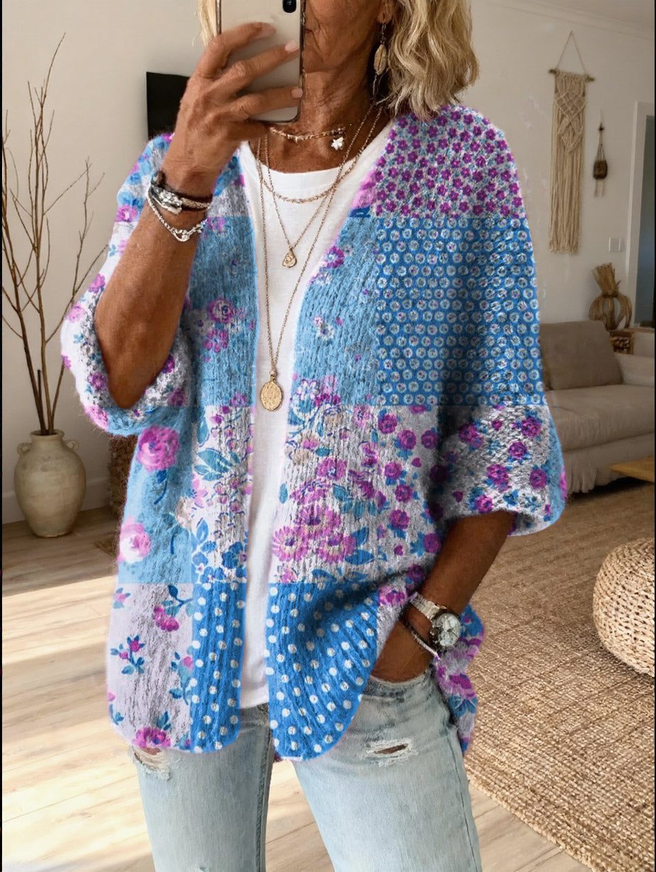 Floral Patchwork Open Front Cardigan for Women - Navy Blue