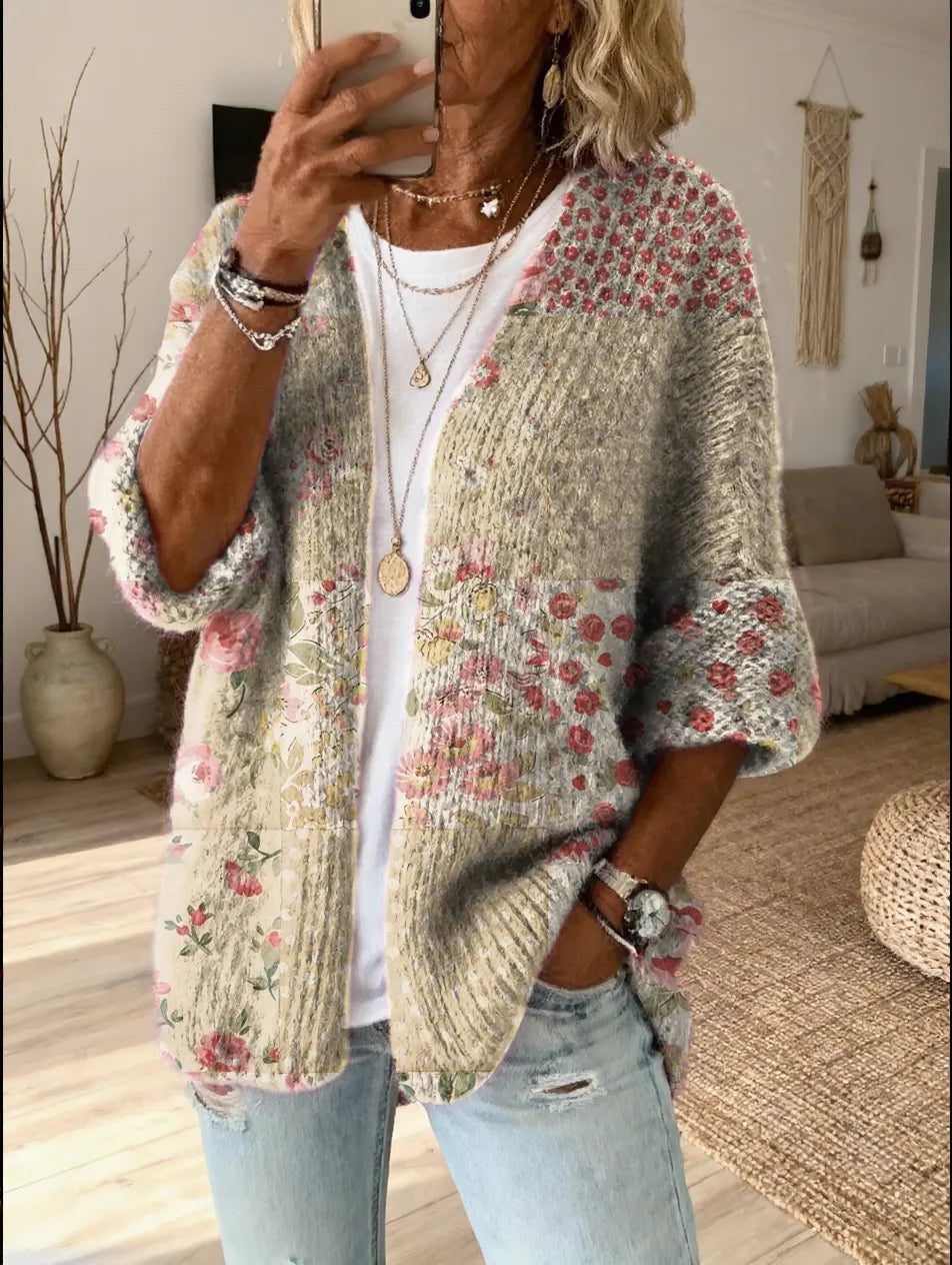 Floral Patchwork Open Front Cardigan for Women - Beige