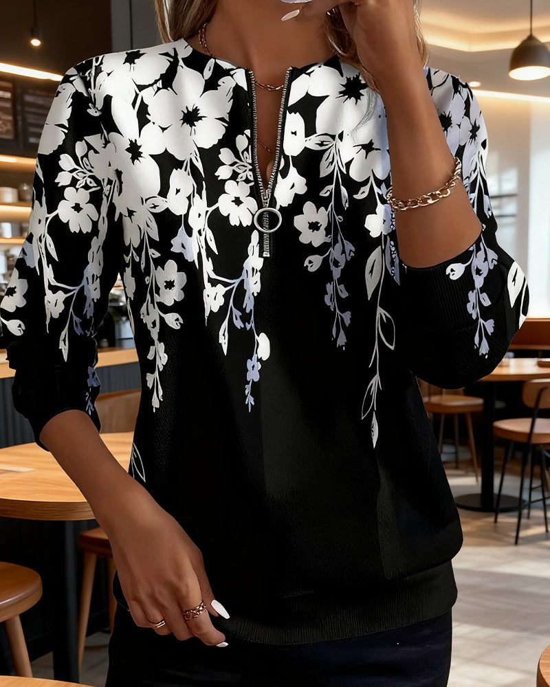 Floral Print Half-Zip Sweatshirt for Women