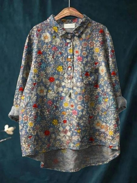 Oversized Button-Down Floral Blouse for Women