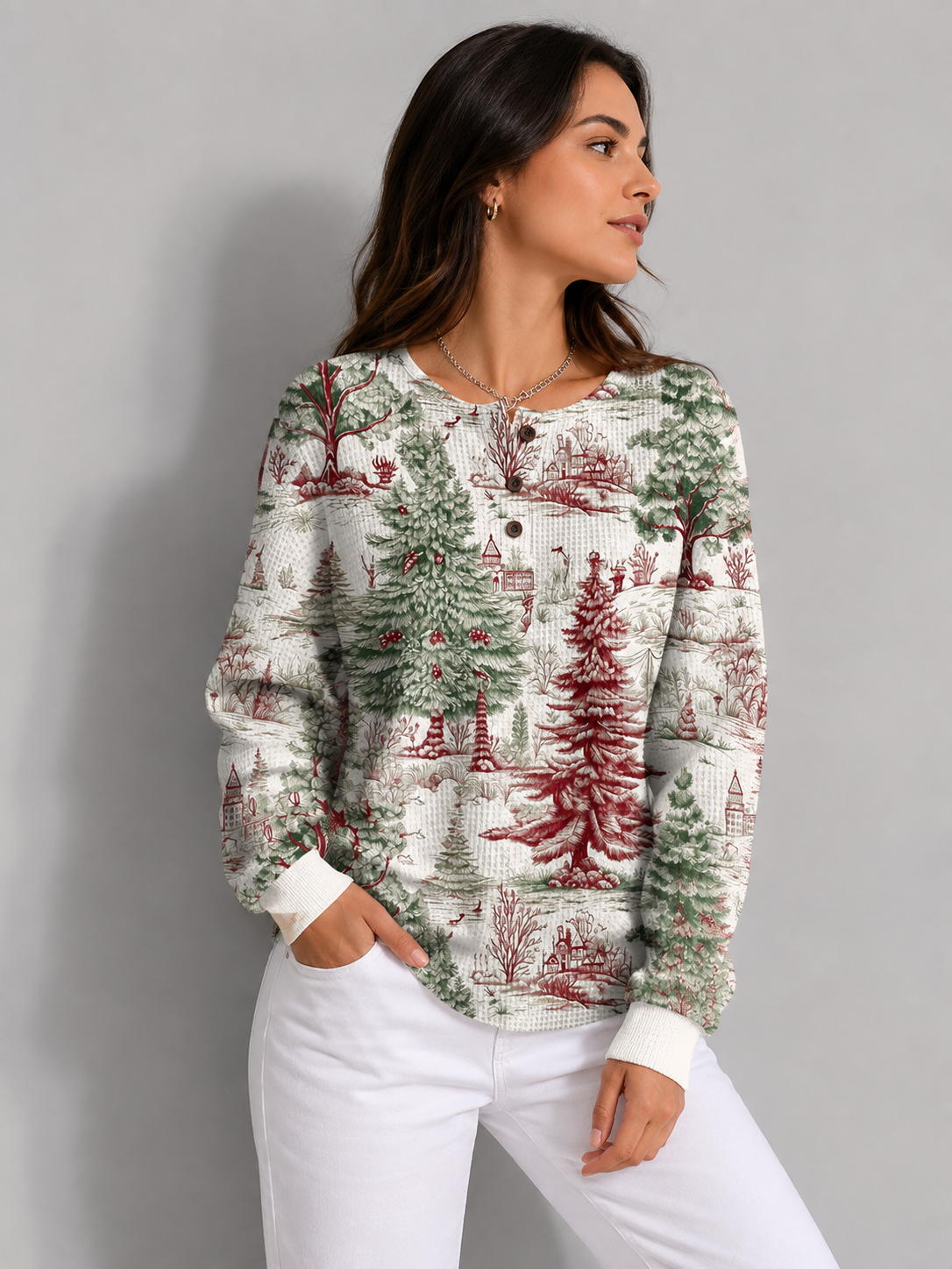 forest-print-waffle-knit-sweater-with-crew-neck-for-women