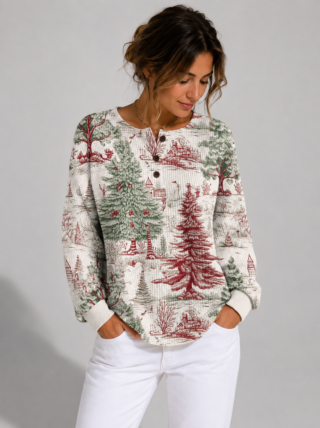 forest-print-waffle-knit-sweater-with-crew-neck-for-women