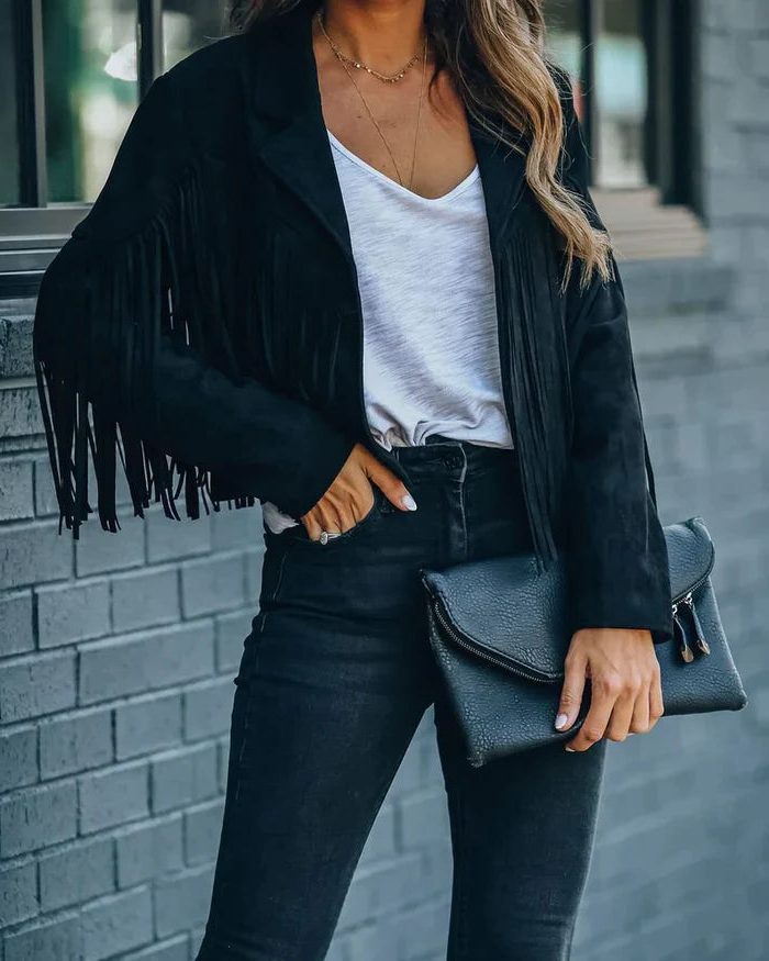 Fringe Cropped Blazer Jacket for Women - Black