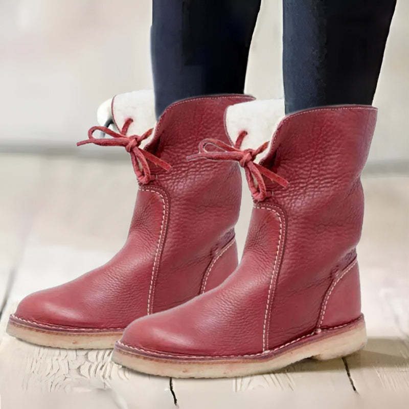 Fur-Lined Lace-Up Winter Boots for Women - Red