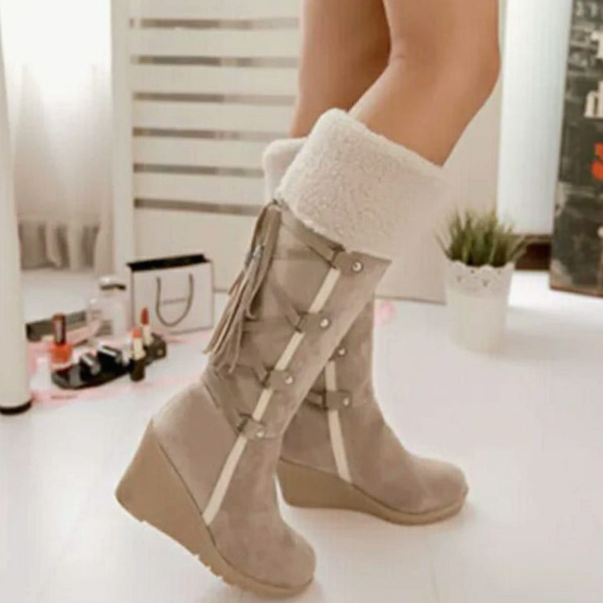 Fur-Trim Wedge Heel Knee-High Winter Boots for Women - Beige