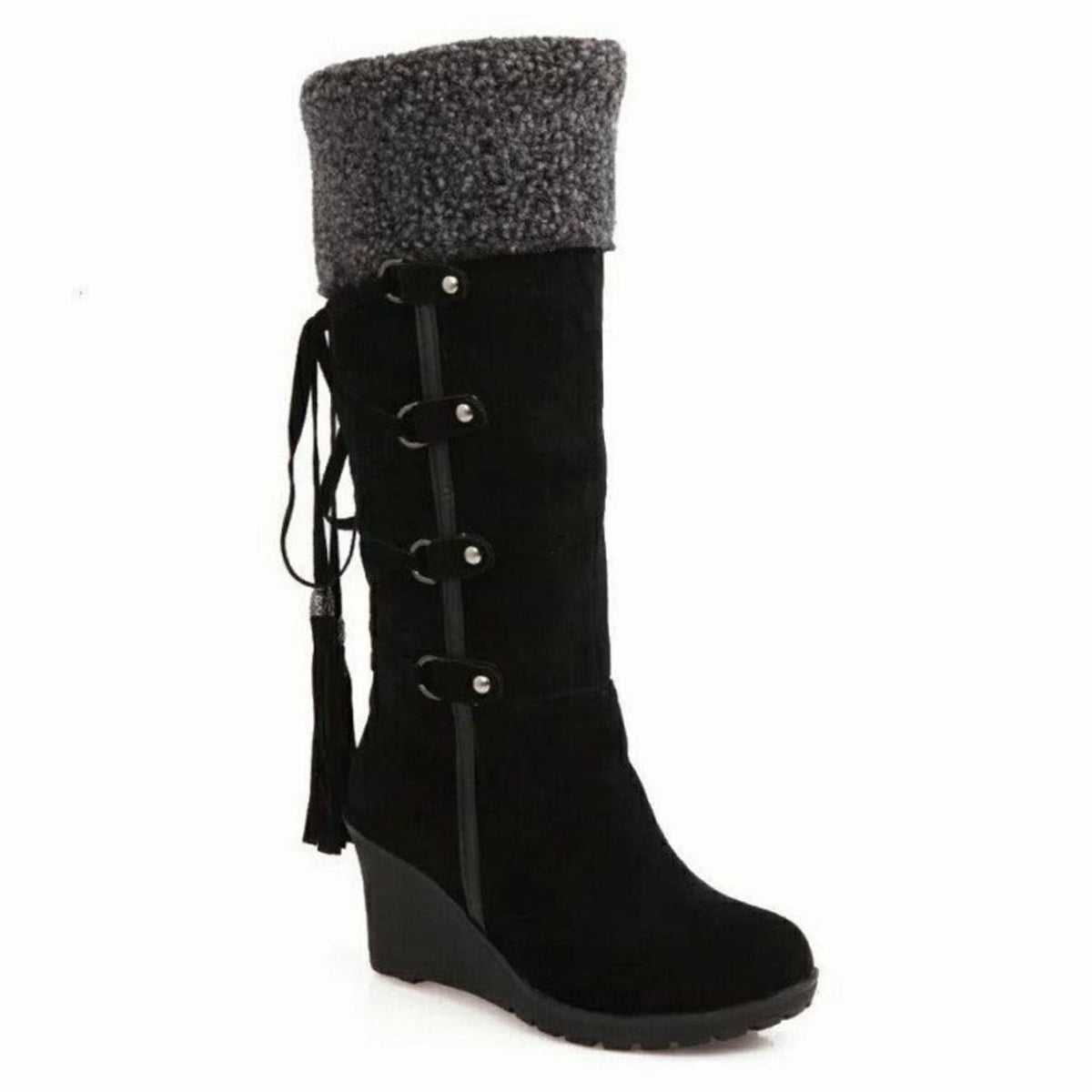 Fur-Trim Wedge Heel Knee-High Winter Boots for Women - Black