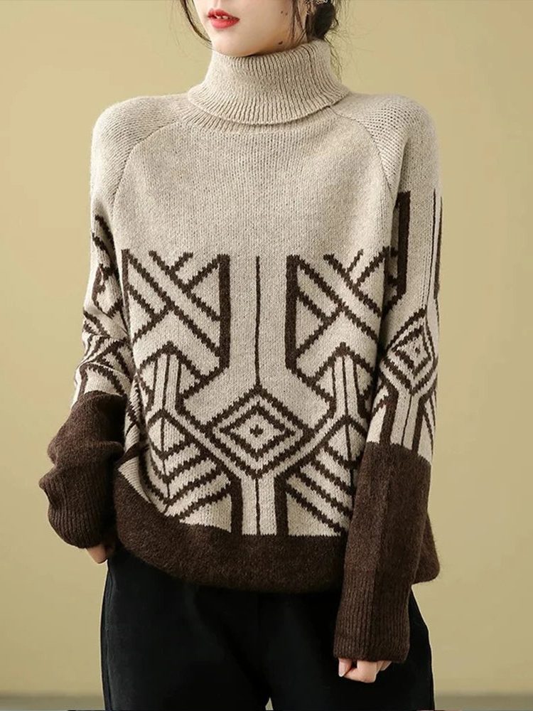 Geometric Patterned Turtleneck Sweater for Women