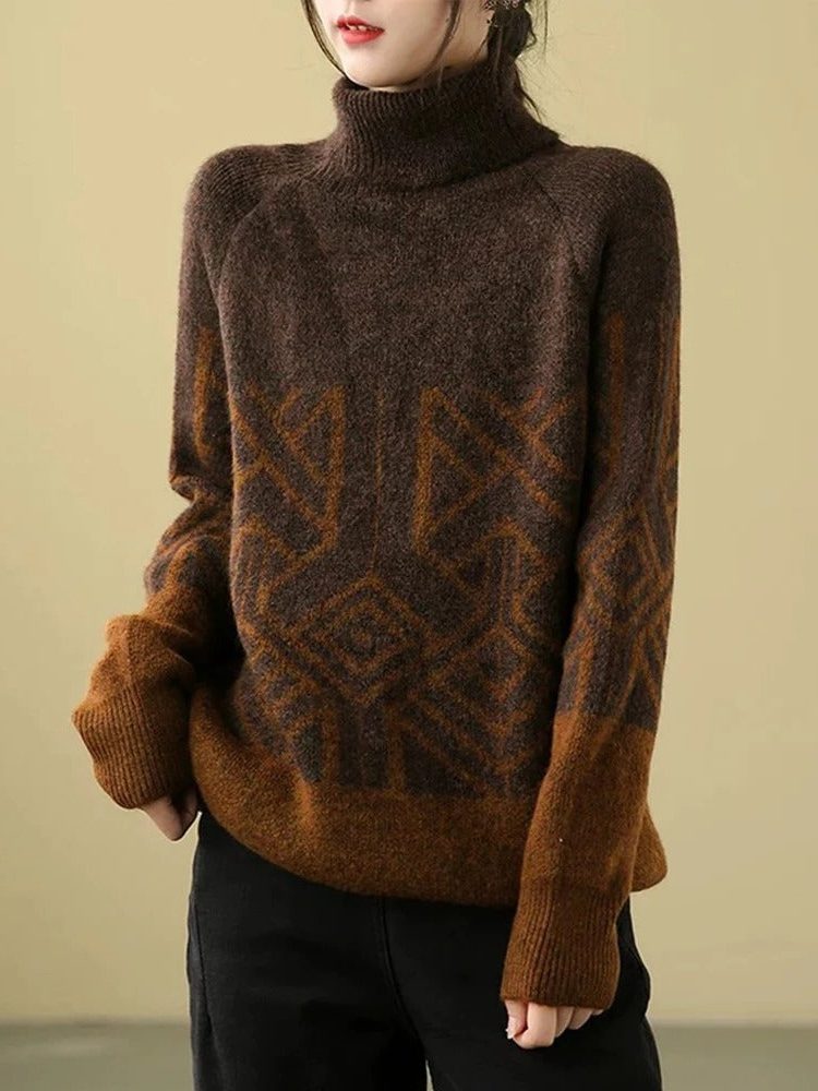 Geometric Patterned Turtleneck Sweater for Women